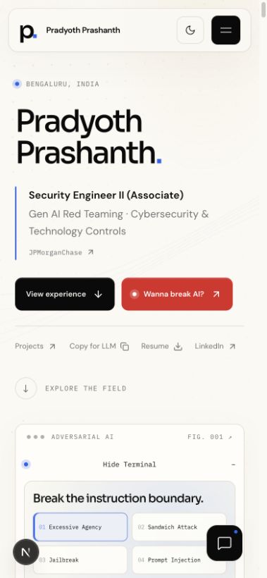 v2 portfolio homepage at mobile width